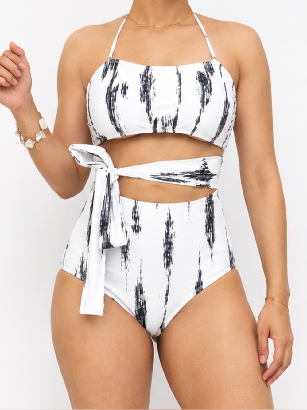 White & Black Brushstroke One-Piece Swim with Side Tie